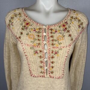 Free People Floral Embroidered Henley Sweater M Beige Scalloped Edges *READ
